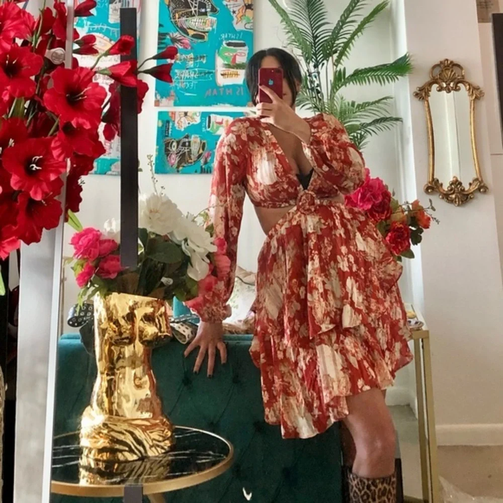 Resort Red Cut-Out Ruffle Floral Midi Romper - Picture 5 of 8